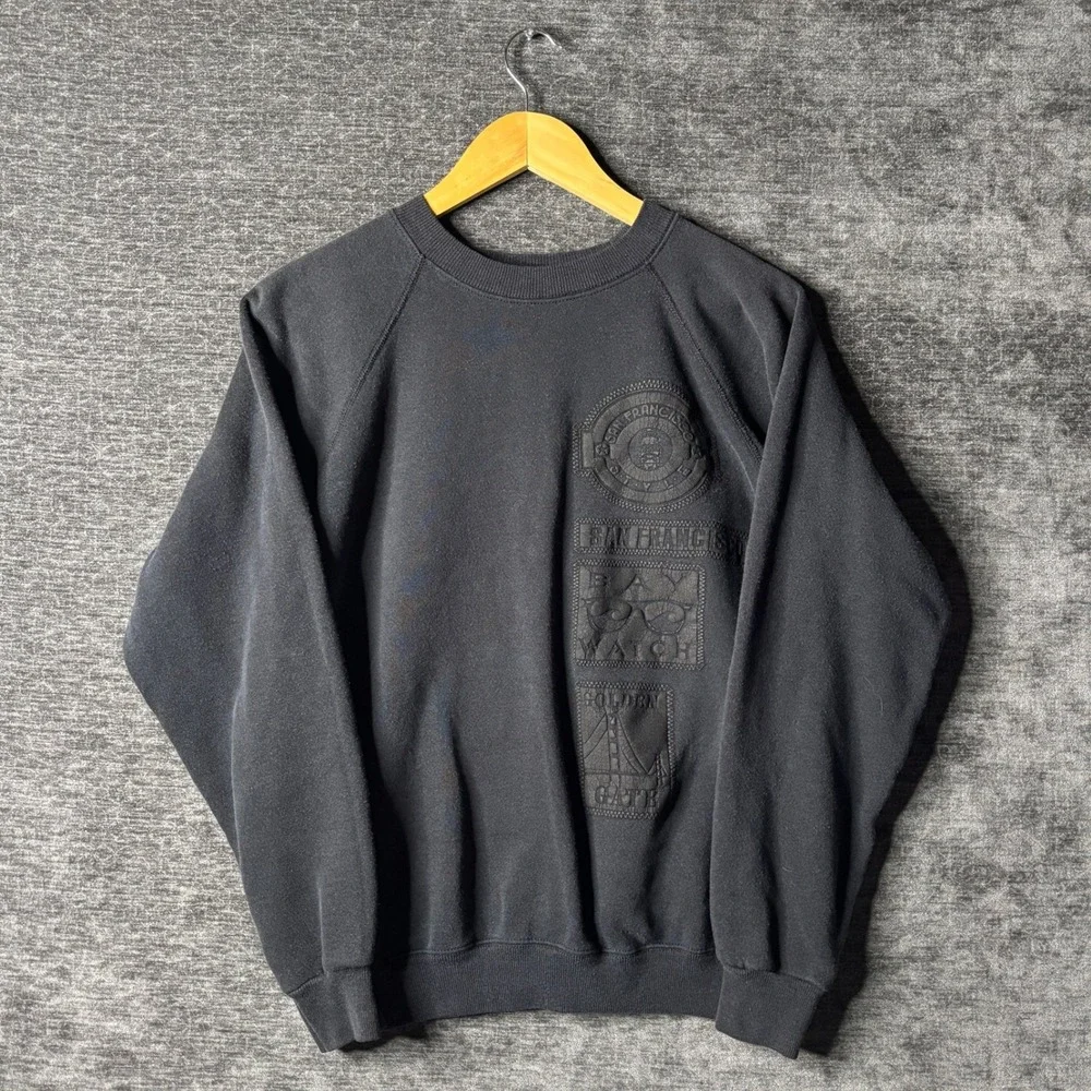 90s Vintage Hanes San Francisco Bay Watch Sweatshirt Black L Made in USA Raglan